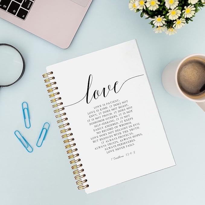 VNWEK Christian Notebook,Bible Journaling Notebook,Bible Journal,Church Notes Notebook,1 Corinthians 13:4-8 Love Never Fails Spiral Notebook Journal 5.5x8.3 Inch,Christian Journals for Women-DeskLoop Office