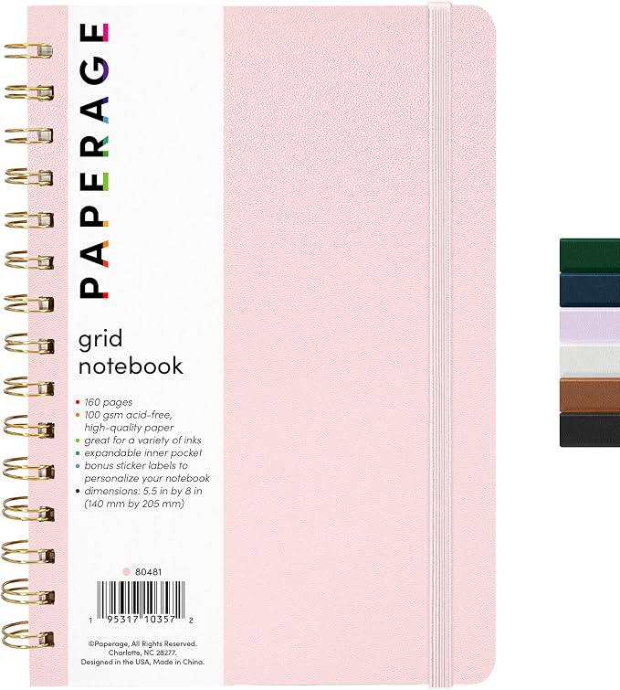PAPERAGE Graph Paper Spiral Notebook & Journal, 160 Pages, Medium 5.5 inches x by PAPERAGE