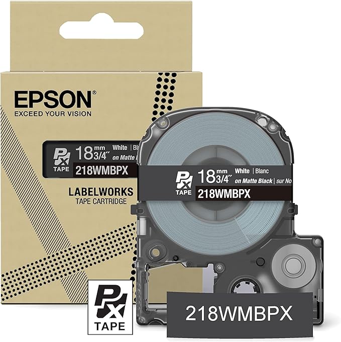 Epson LABELWORKS 218WMBPX Genuine PET (Polyester) Tape Cartridge - White on Matte Black Designer Craft Label Maker Tape - 3/4" (18MM) Wide, 26'-DeskLoop Office