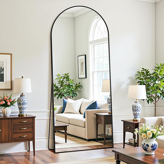Full Length Mirror, 71"x28" Oversized Floor Mirror Freestanding, Full Body Mirror Floor Standing Mirrors with Stand, Hanging Mounted Mirrors for Bedroom Living Room, Black, Arched Style-DeskLoop Office