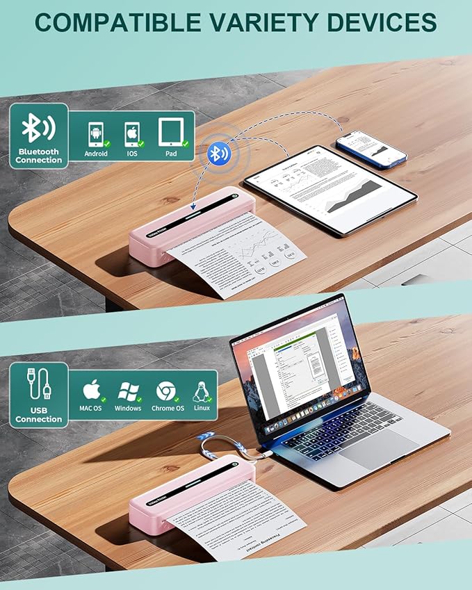COLORWING Portable Printers Wireless for Travel, 300DPI Mini Compact Inkless Printer, Thermal Bluetooth Printer Compatible with Android and iOS Smartphone & Tablet & Laptop - Pink-DeskLoop Office