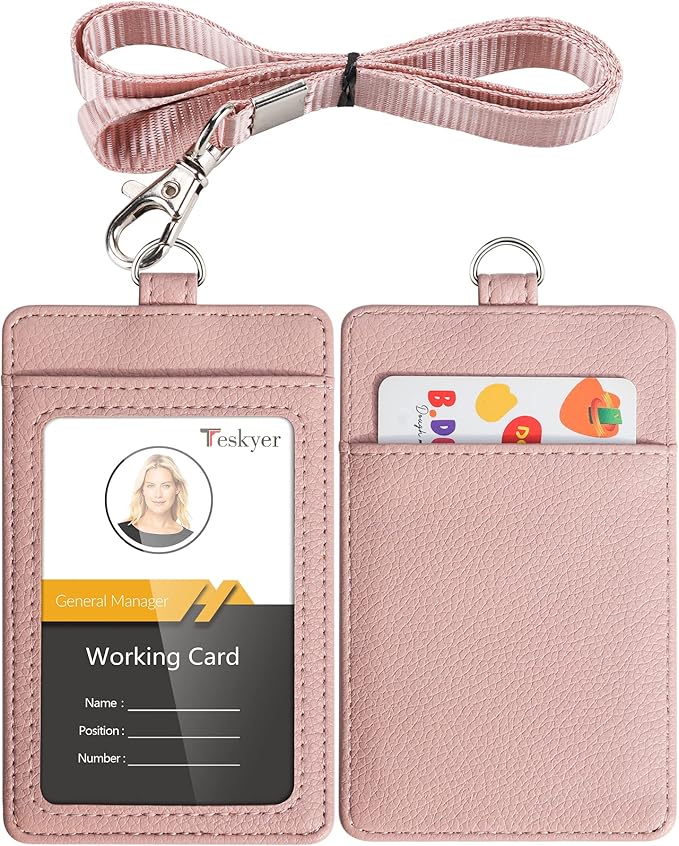 Teskyer Badge Holder with Lanyard, Leather ID Name Badge Card Holder with by TESKYER