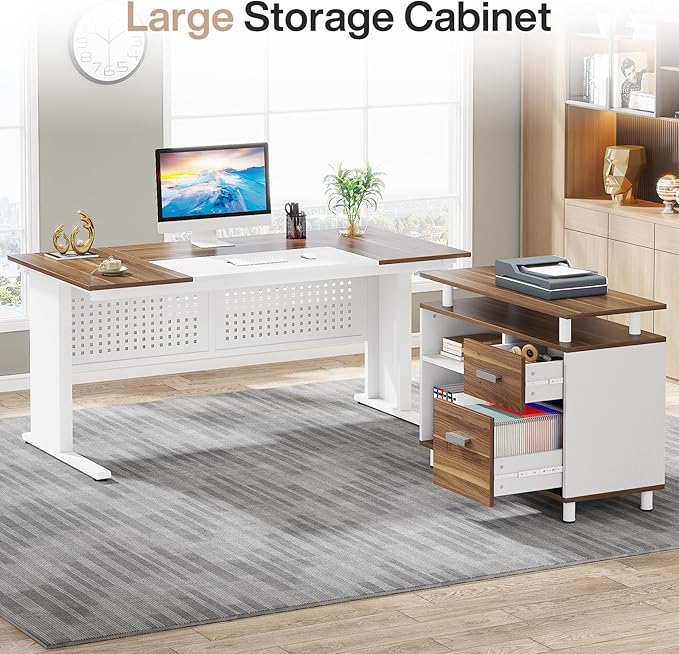 Tribesigns 63 Inch Executive Desk with File Cabinet, L Shaped Office Desk with Drawers and Storage Shelves, Business Furniture Set Workstation for Home Office, White and Walnut-DeskLoop Office