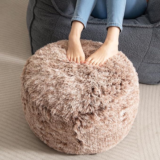 HIGOGOGO Round Stuffed Pouf Ottoman, Long Faux Fur Poufs with Foam Chunk Filling, Fluffy and Furry Pouf Foot Stool Storage Ottoman, 20 X 15 Floor Poufs Foot Rest for Living Room, Snow Coffee-DeskLoop Office