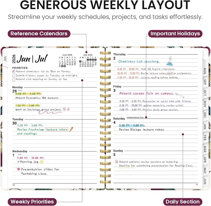 Planner 2026–2027, Academic Monthly Weekly Spiral Calendar, July 2026 – June - Image 3