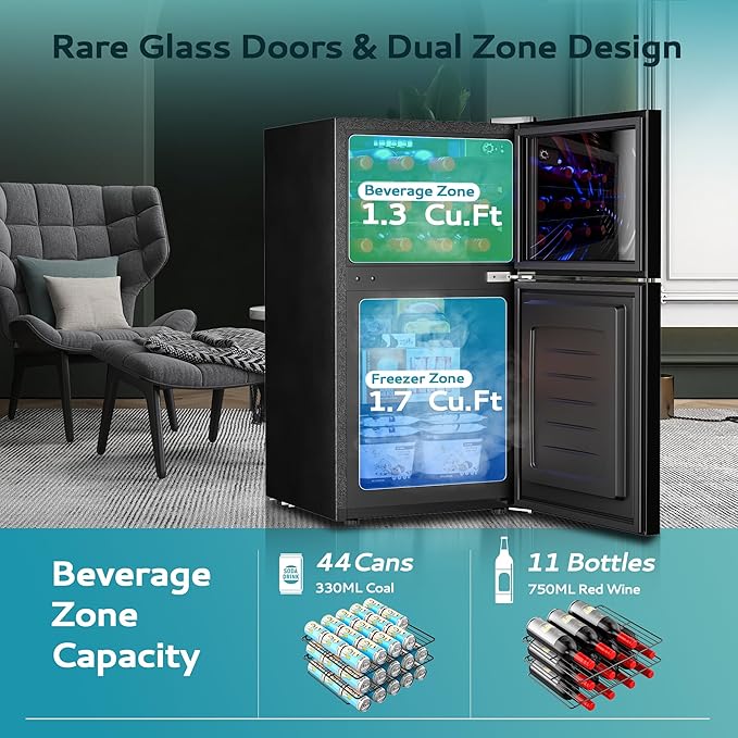 EUHOMY Double Door Mini Fridge With Freezer, Freestanding Wine Cooler Refrigerator With Reversible Door, Compact Refrigerator Temperature Control, Wine Fridge Perfect For Kitchen Home Office.-DeskLoop Office