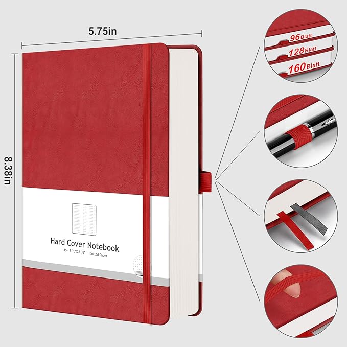AHGXG Bullet Dotted Journal - 320 Numbered Pages Dot Grid Notebook A5 Thick Journal, 100gsm Thick Dotted Paper, Leather Hardcover,Inner Pocket, 5.75'' × 8.38'' - Red-DeskLoop Office