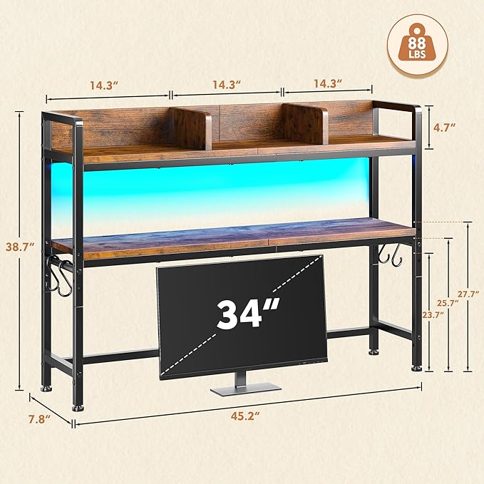 REIBII 45.2" Desk Shelf with LED Lights and Hooks, 2-Tier Adjustable - Image 2