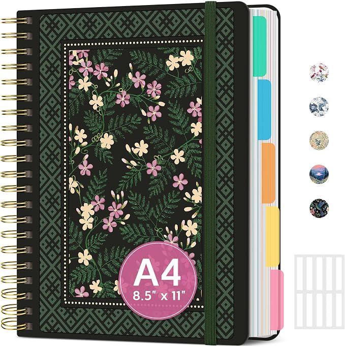 Large Lined Spiral Journal for Women Cute Hardcover 5 Subject Notebook for Work by Taja