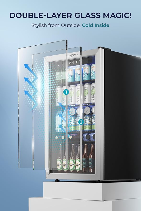 EUHOMY Beverage Refrigerator and Cooler, 128 Can Mini fridge with Glass Door, Small Refrigerator with Adjustable Shelves for Soda Beer or Wine, Perfect for Home/Bar/Office, Silver-DeskLoop Office