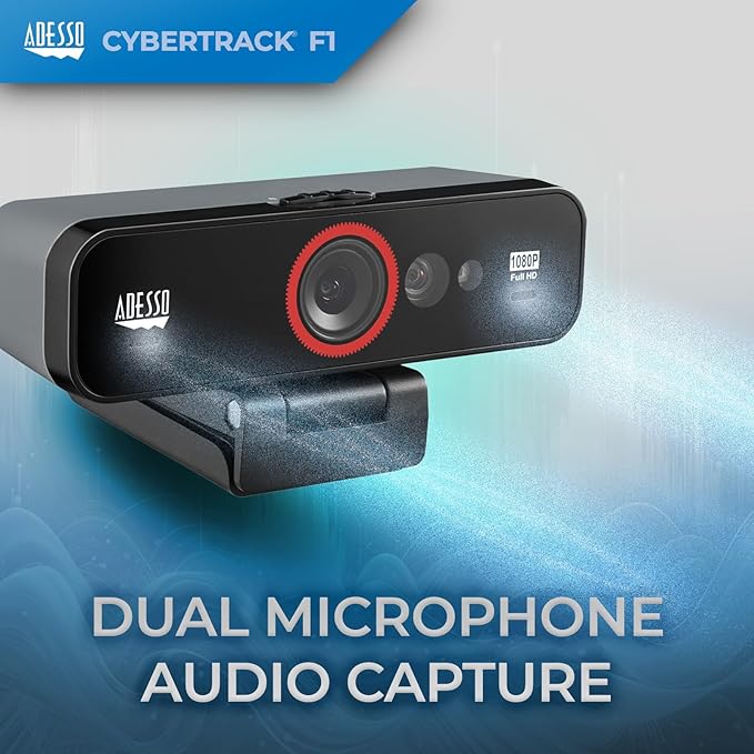 ADESSO CyberTrack F1 1080P HD Fixed Focus USB Windows Hello Webcam, Camera for Desktop PC Built-in Dual Microphone, Privacy Shutter, Audio/Video Mode Privacy ON/Off Switch & Tripod Mount