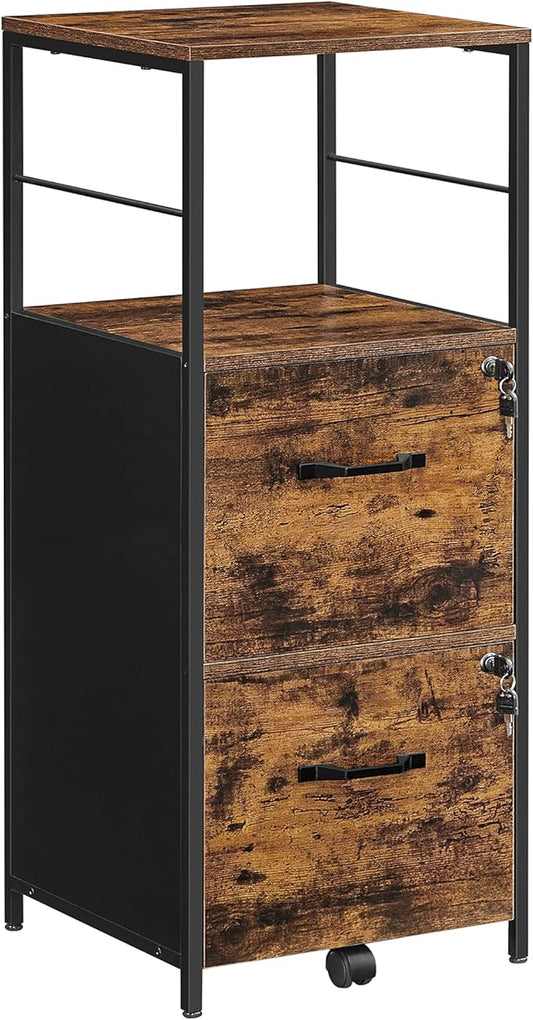 VASAGLE File Cabinet for Home Office, 2-Drawer Filing Cabinet with Lock, Open Shelf, Printer Stand, for A4 and Letter Sized Files, Adjustable Feet, Industrial, Rustic Brown and Ink Black UOFC045B01-DeskLoop Office