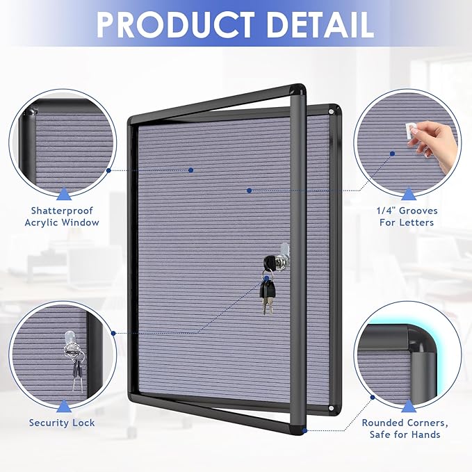 SWANCROWN Enclosed Bulletin Board with Locking Door 20x14 in, Lockable Felt Letter Board Sign Tamperproof Message Board for Office School Home, Black Aluminum Frame, Grey-DeskLoop Office