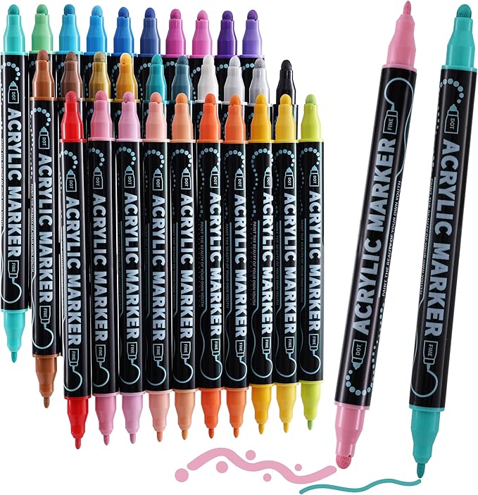 30 Colors Waterproof Dual Tip Acrylic Paint Pens, Dot & Fine Tip Premium Coloring Drawing Markers Set for Wood, Rock Painting, Canvas, Glass, Ceramic Surfaces and DIY Crafts Making Art Supplies-DeskLoop Office