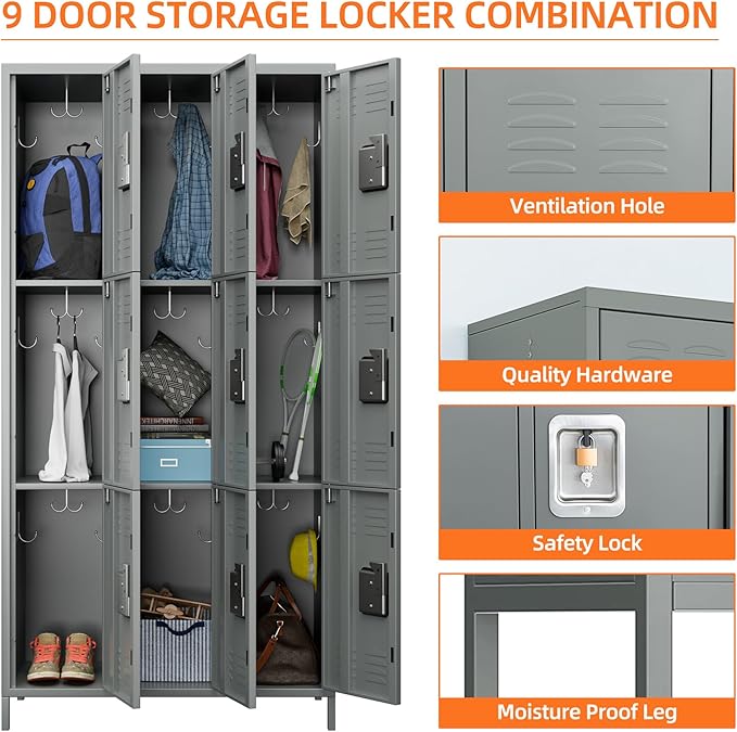 Metal Storage Locker with 9 Doors and 27 Hooks,Metal Lockers for Employees with Lock for School Garage Office Gym,Assembly Required,Light Grey-DeskLoop Office