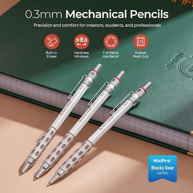 Nicpro 3 Pack Blocky Gear 0.3 mm Metal Mechanical Pencils Set - Image 2