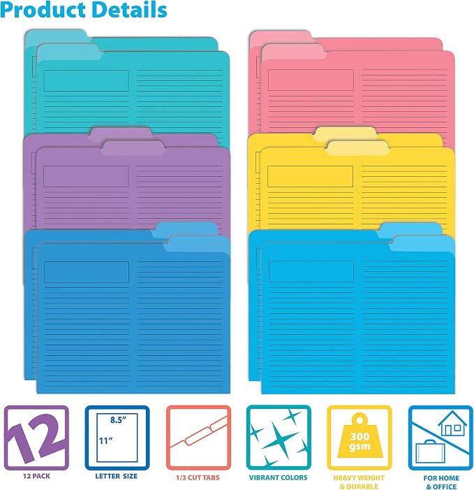 Better Office Products Lined File Folders, 12 Pack, Heavyweight, 1/3 Cut Tabs - Image 3