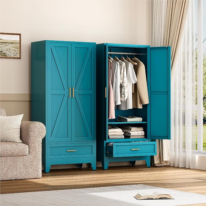 Farmhouse Wardrobe Cabinet with 2 Drawers,Metal Wardrobe Closet with Hanging Rod,Metal Armoire with Adjustable Shelves for Bedroom,Living Room, Cloak Room,Office (Blue)-DeskLoop Office
