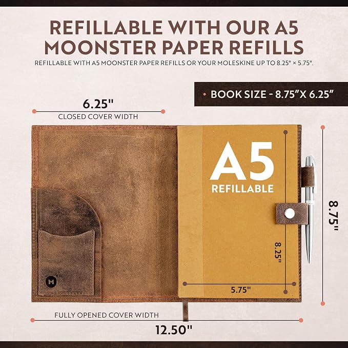 moonster Leather Journal Refillable Notebook – Vintage Handmade Leather Bound - Image 7