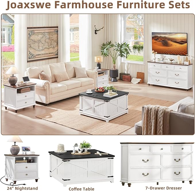 24" Wide Farmhouse Nightstand Set of 2 with Charging Station,End Table with 2 Drawers,White Wood Dresser for Bedroom Cabinet, Bed Side Table Chest of Drawers, Night Stand for Living Room, Closet-DeskLoop Office