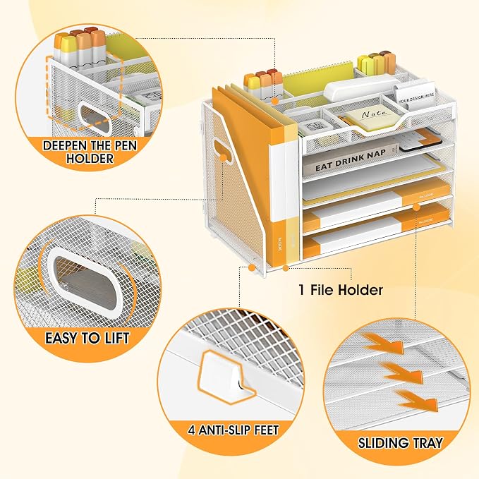 5 Tier Paper Letter Tray with File Holder and 3 Drop-in Pen Holders, Mesh Desk - Image 4