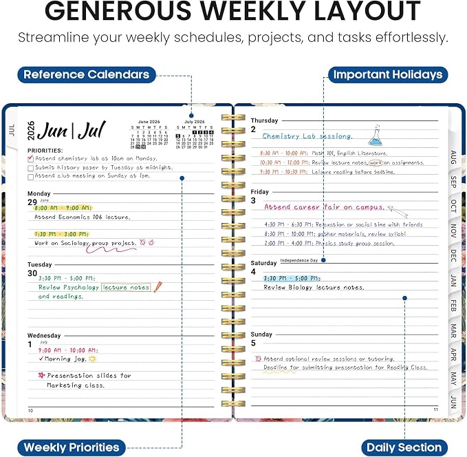 Planner 2026–2027, Academic Monthly Weekly Spiral Calendar, July 2026 – June - Image 3