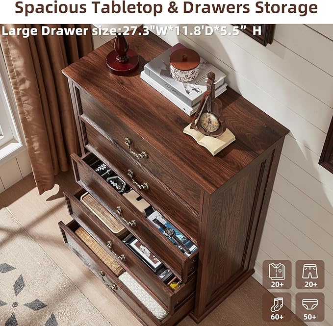 Farmhouse 5 Drawer Dresser for Bedroom, 45" Tall Rustic Chests of Drawers w/ 4 Solid Wood Feet, Mid Century Modern Wooden Closet Storage Dressers Organizer for Living Room, Hallway, Brown-DeskLoop Office