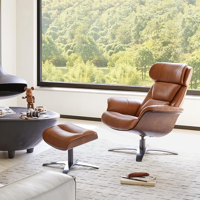 CHITA Genuine Leather Reclining Swivel Chair with Adjustable Headrest and Ottoman for Living Room, Saddle-DeskLoop Office