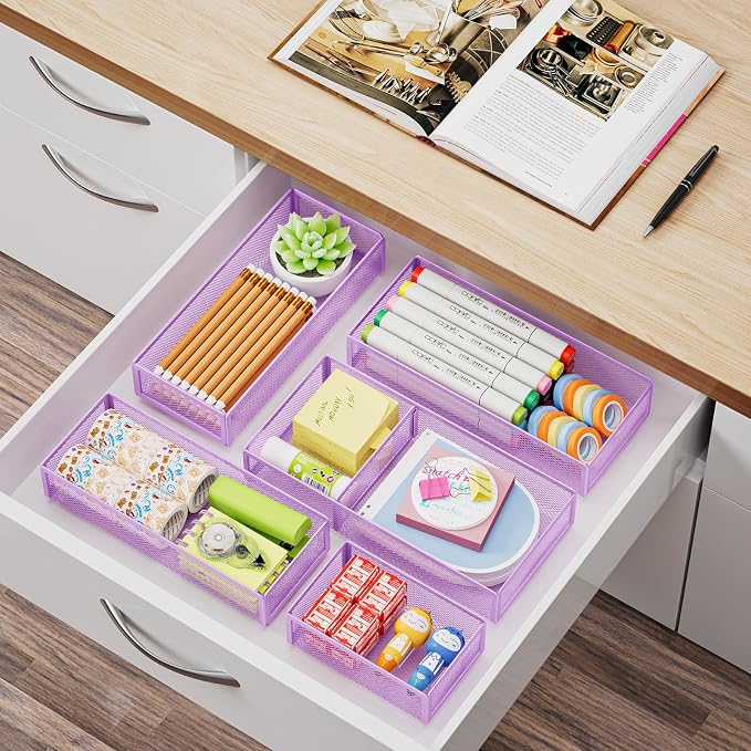 Marbrasse 5 Pack Desk Drawer Organizer Set, Mesh Drawer Storage Trays - Image 6