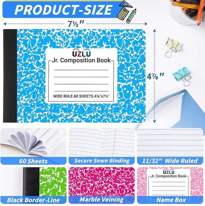 48 Pack Composition Notebooks Bulk Wide Ruled 4-7/8"x 7.5" Half Size - Image 2