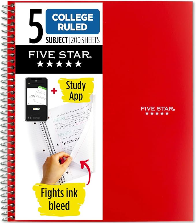 Five Star Spiral Notebook + Study App, 5 Subject, College Ruled Paper, 8-1/2" x by FiveStar