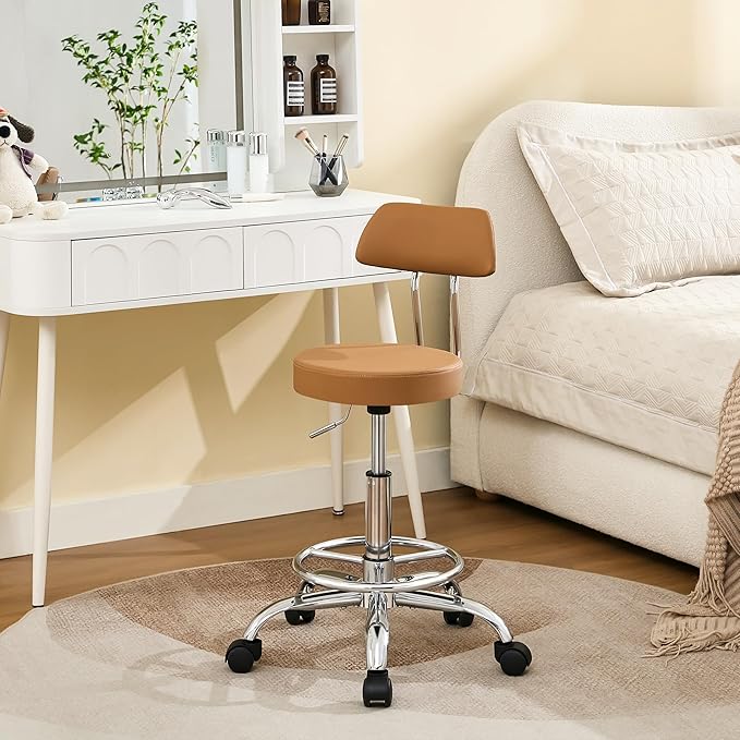 Rolling Stool with Back, Adjustable Tattoo Rolling Chair 19.5’’-26.6’’, Camel Brown Hairstylist Stool with Wheels (Camel Brown)-DeskLoop Office