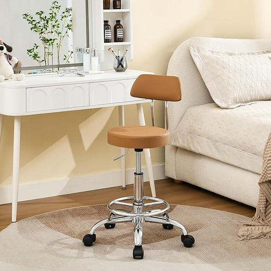 Rolling Stool with Back, Adjustable Tattoo Rolling Chair 19.5’’-26.6’’, Camel Brown Hairstylist Stool with Wheels (Camel Brown)-DeskLoop Office