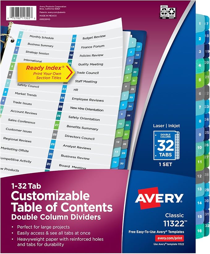 Avery Double Column Dividers for 3 Ring Binders, 32 Tabs per Set, Customizable by Avery