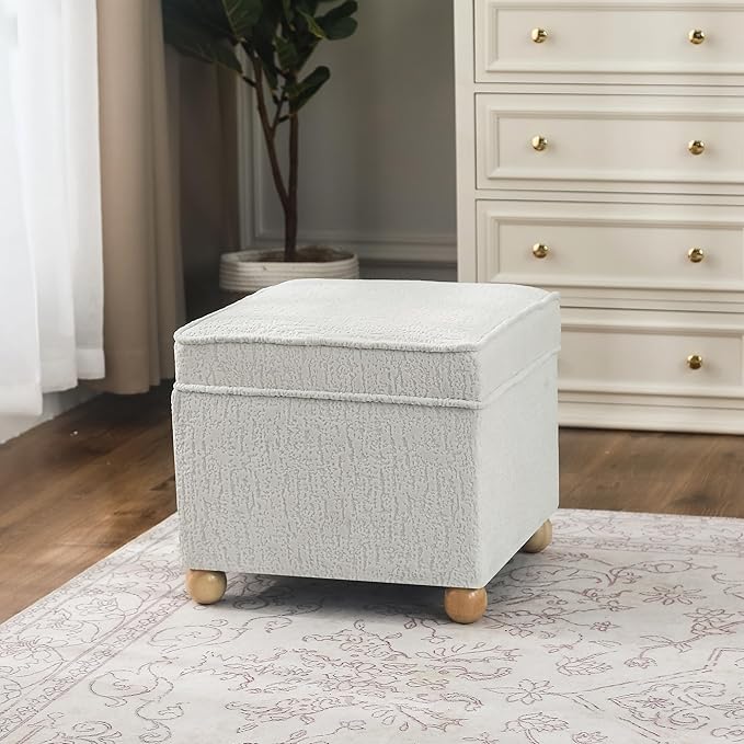 Adeco 17 Inch High Faux Fur White Cube Ottoman Storage, 3D Embossed Velvet Chair Foot Stools, Upholstered Vanity Stool with Hinged Lid, Solid Round Wood Legs-DeskLoop Office