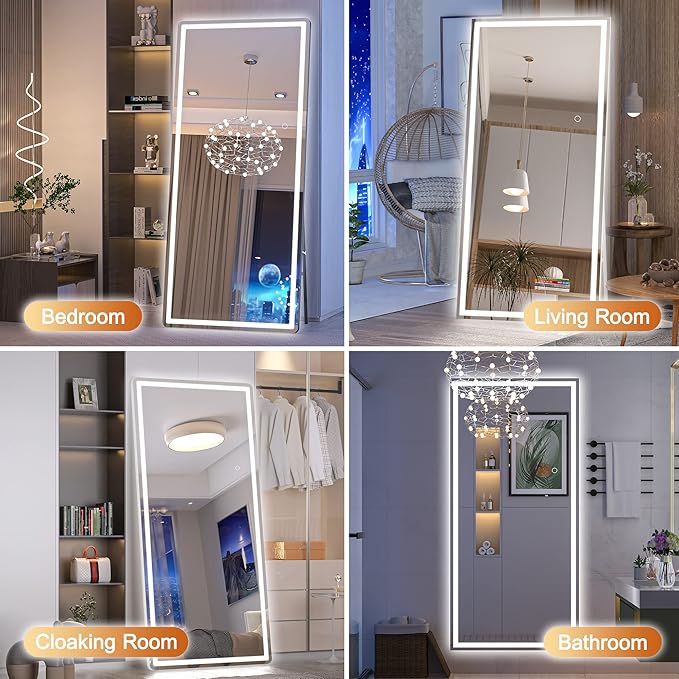 Hasipu Full Length Mirror with Lights, 75" x 28" LED Lighted Floor Standing, Full Body Dressing Hanging Mounted Mirror, Dimmable, Tempered Glass, Safe to Use, Square Black-DeskLoop Office