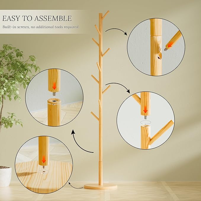 Wooden Coat Rack Freestanding with Round Base, Adjustable 4 Heights Sturdy Coat Hanger Stand 9 Hooks for Hanging Bags, Hats, Save Space Coat Tree for Narrow Place, Entryway, Bedroom, Office (Natural)-DeskLoop Office