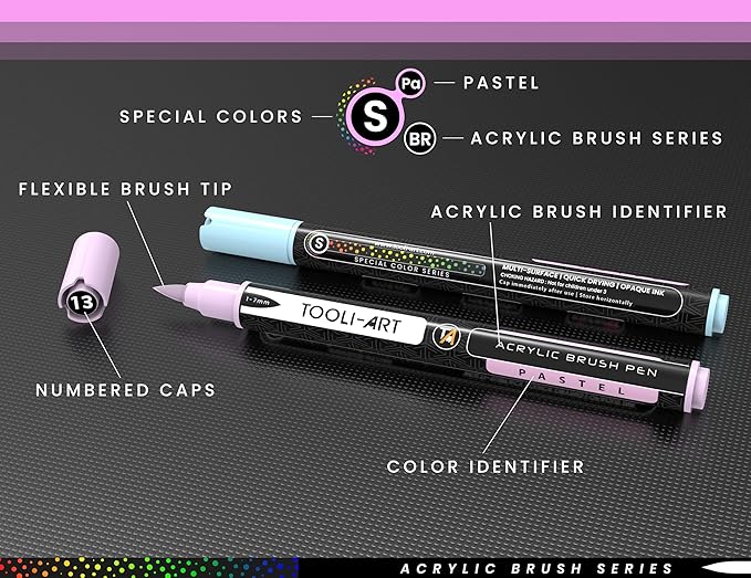 24 Flexible Brush Tip Acrylic Paint Pens Markers Set 1-7mm Line for Rock Painting, Brush Lettering, Glass, Mugs, Wood, Metal, Canvas, Fabric, Plastic Non Toxic Waterbased Quick Drying Assorted Pastel-DeskLoop Office