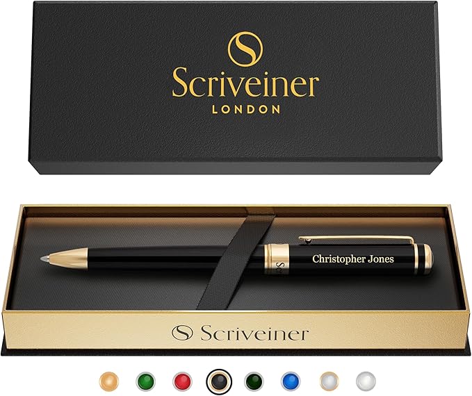 Scriveiner Personalized Black Ballpoint Pen - Stunning Luxury Pen, Jet Black Lacquer, Real Gold Plating, Schmidt Ink Refill, Best Engraved Ball Point Gift Set for Men & Women, Custom Name Engraving-DeskLoop Office