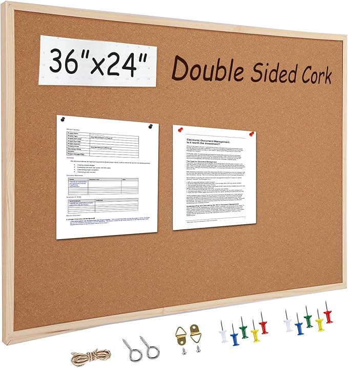 24” x 36” Cork Boards for Walls with Wooden Frame 1pack, Double Sided Office Board for Wall Organizer, Bulletins Board Decorative Hanging Pin Board for School, Home & Office, Notice Board Memo Board-DeskLoop Office