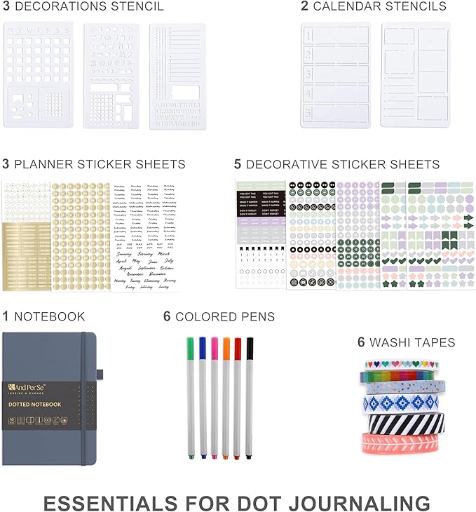 &And Per Se Dotted Journal Notebook Set, A5 Hardcover Dotted Journal (Dark Blue), 6 Fineliner Pens, 8 Sticker, 5 Stencil Sheets & 6 Washi Tapes, Journaling Supplies for Planner Schedule-DeskLoop Office