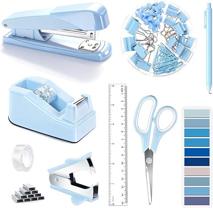 Dimonluce Blue Desk Accessories, Staple Remover, 1000 Staples, Clips Set by Dimonluce