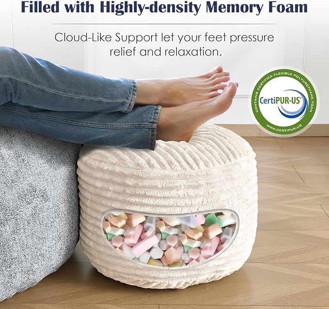 SHOUREN Stuffed Round Ottoman, Corduroy Pouf Ottoman Foot Rest - Image 4