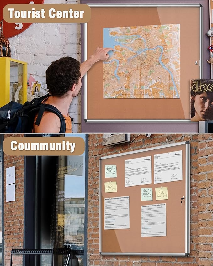 38"x38" Enclosed Bulletin Board, Lockable Weather-Resistant Aluminum Cork Noticeboard for School & Office, Silver Frame w/Cork-DeskLoop Office