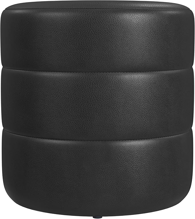 HomePop Upholstered Faux Leather Round Ottoman Home Décor|Foot Rest Ottoman- Black Faux Leather-DeskLoop Office