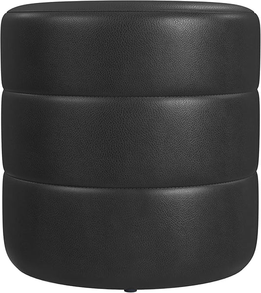 HomePop Upholstered Faux Leather Round Ottoman Home Décor|Foot Rest Ottoman- Black Faux Leather-DeskLoop Office