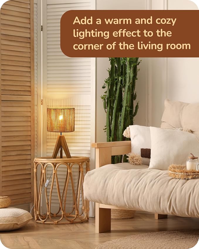 EDISHINE Small Rattan Table Lamp, Wood Tripod Bedside Lamp, Boho Nightstand Lamp - Image 7