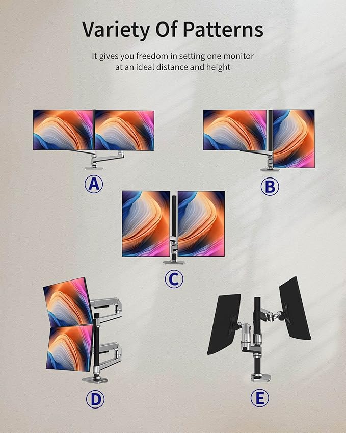 Dual Monitor Mount, Holds Screens up to 40 Inches and 25 lbs, Fully Adjustable Dual Monitor Arm with C-Clamp and Grommet Base, Aluminum, Silver-DeskLoop Office