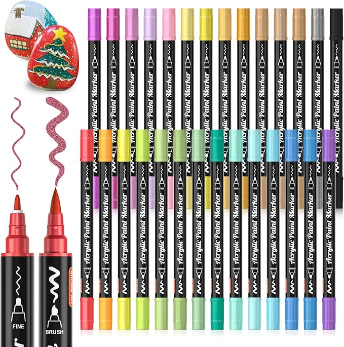 28 Metallic Colors Dual Tip Acrylic Paint Markers, Brush Tip and Fine Tip Acrylic Paint Pens for Rock Painting, Ceramic, Wood, Canvas, Plastic, Glass, Stone, Calligraphy, Card Making, DIY Crafts-DeskLoop Office