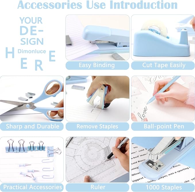 Dimonluce Blue Desk Accessories, Staple Remover, 1000 Staples, Clips Set - Image 4